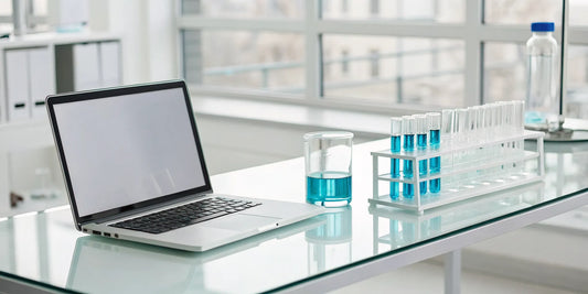 Laptop on a lab desk with vials for researching and buying peptides online.