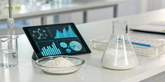 A peptide dosage calculator on a tablet with supplies for peptide reconstitution.