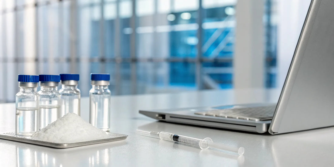 Vials of BPC-157 arginine salt on a lab desk, ready to buy for research purposes.