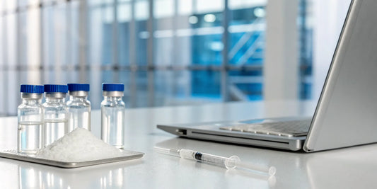 Vials of BPC-157 arginine salt on a lab desk, ready to buy for research purposes.