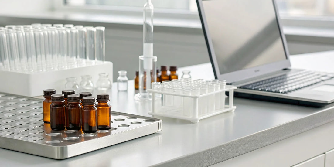 Vials of TB-500 BPC-157 blend on a lab bench for research and quality verification.