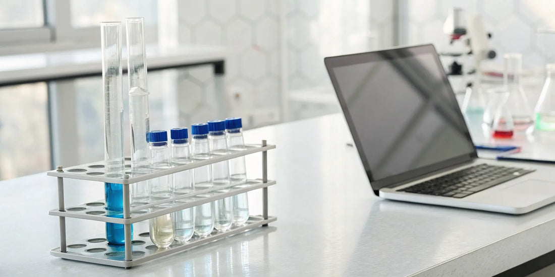 Lab grade peptides in vials on a table next to a laptop for online research.