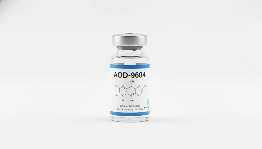 AOD-9604 peptide laboratory research vial with molecular structure