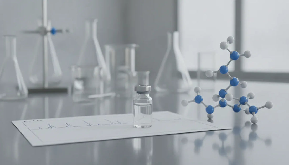 AOD 9604 research peptide vial with laboratory analysis tools