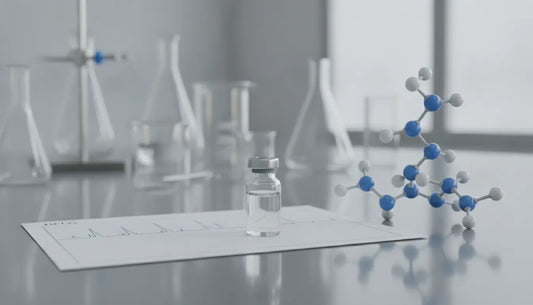 AOD 9604 research peptide vial with laboratory analysis tools