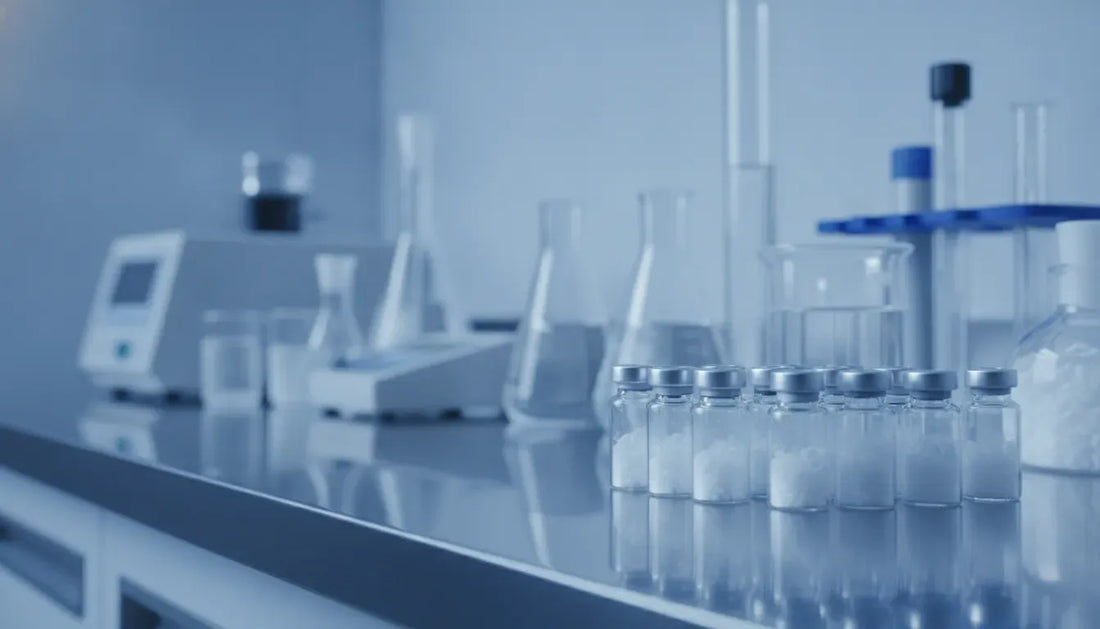 Sealed sterile vials of lyophilized research peptides on a modern metal laboratory bench, ready for reconstitution and analytical studies.