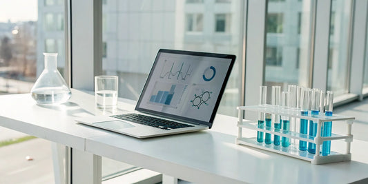 A laptop on a lab desk used to find the best place to buy research peptides online.