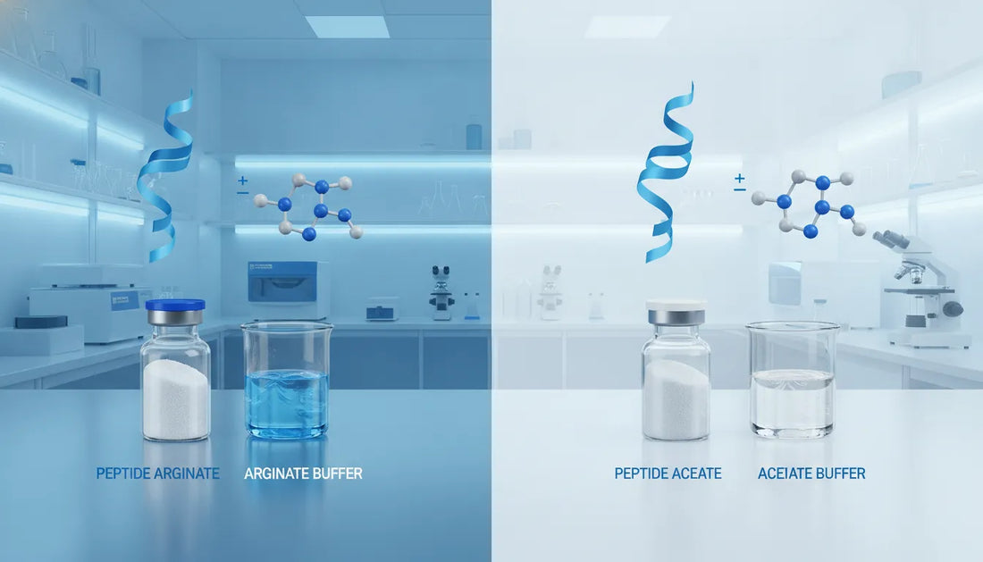 Laboratory research vials and peptide molecular structures comparing arginate and acetate salt forms