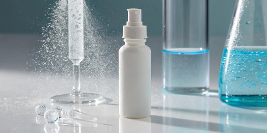 BPC-157 arginine salt nasal spray bottle with lab glassware and blue liquid.