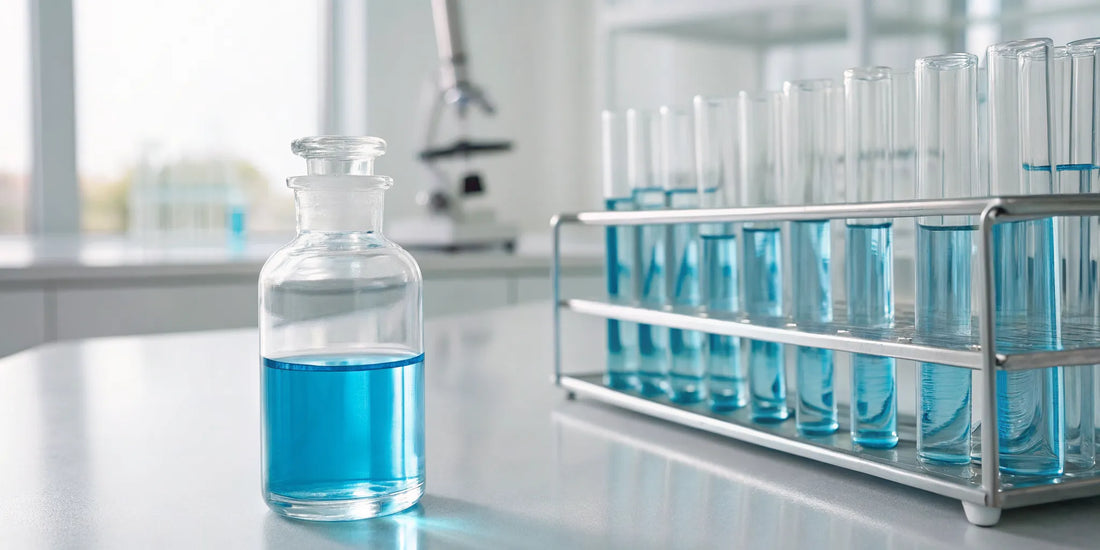 BPC-157 research chemical in a vial and test tubes within a laboratory setting.