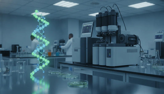 Laboratory research scene with peptide molecular structures and analytical equipment