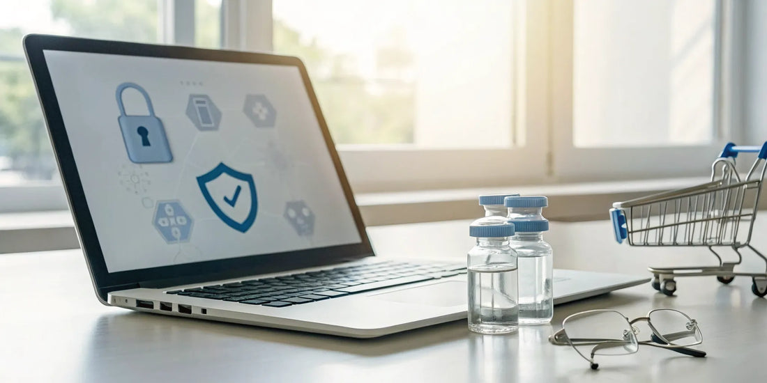 Vials of CJC-1295 ipamorelin and a laptop with a secure shopping cart to buy online safely.