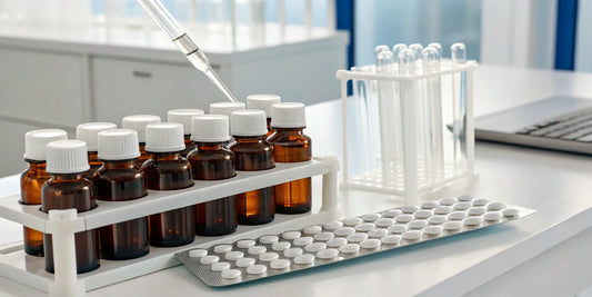 A vial of lab-grade NAD+ 500mg powder on a laboratory bench for scientific research.