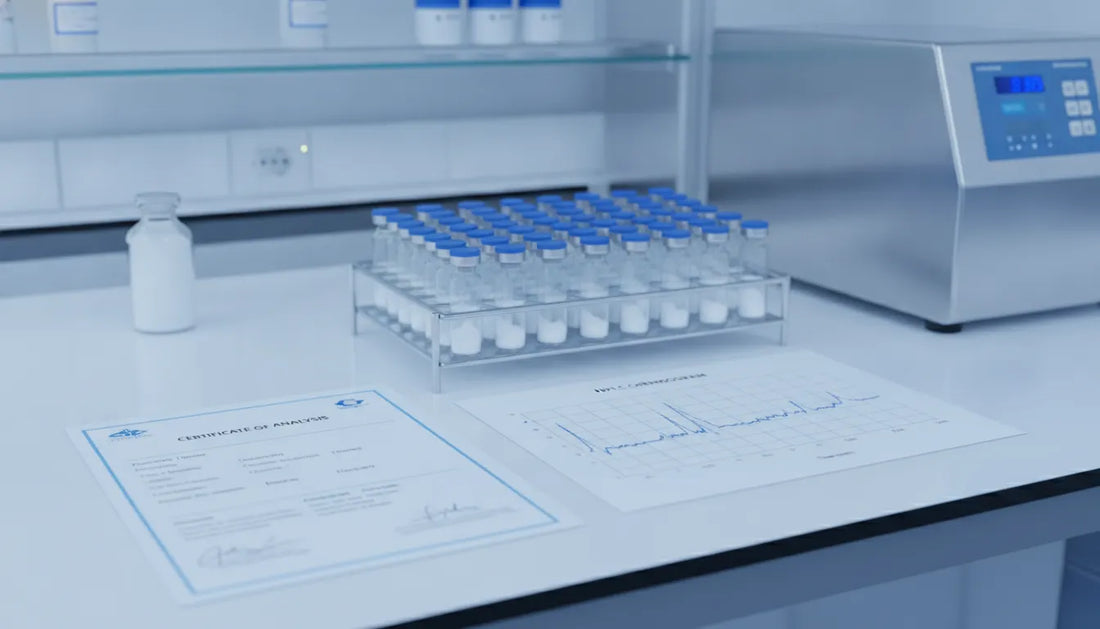 Research peptide vials beside a COA and HPLC chromatogram