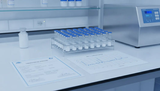 Research peptide vials beside a COA and HPLC chromatogram