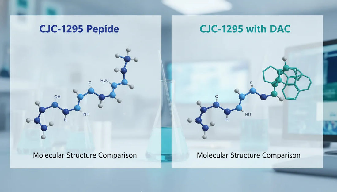 Molecular structure comparing CJC-1295 with and without DAC conjugation