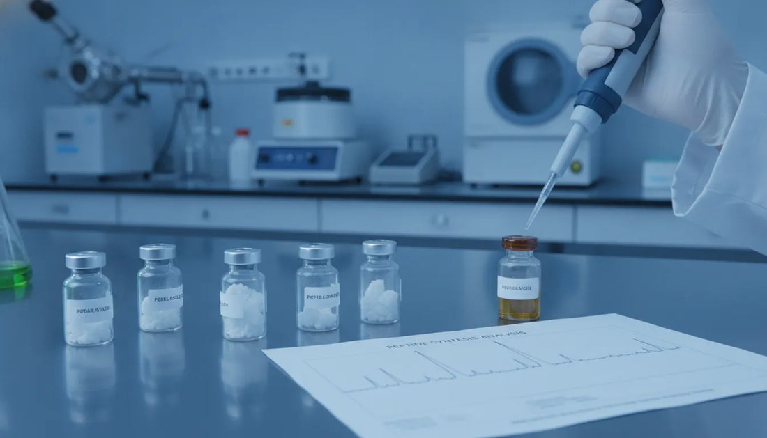Laboratory research setting with peptide vials and HPLC analytical equipment