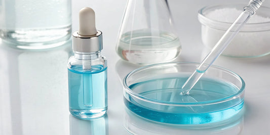 GHK-CU 50mg blue peptide solution in a dropper bottle and petri dish for sale.