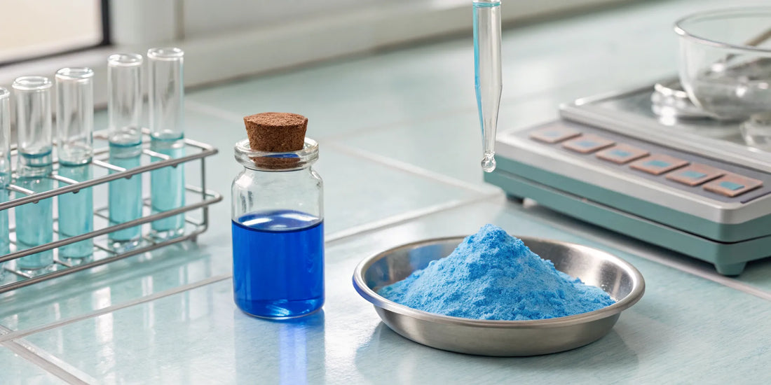 A vial of GHK-Cu 50mg blue powder in a lab, representing the research peptide's price and quality.