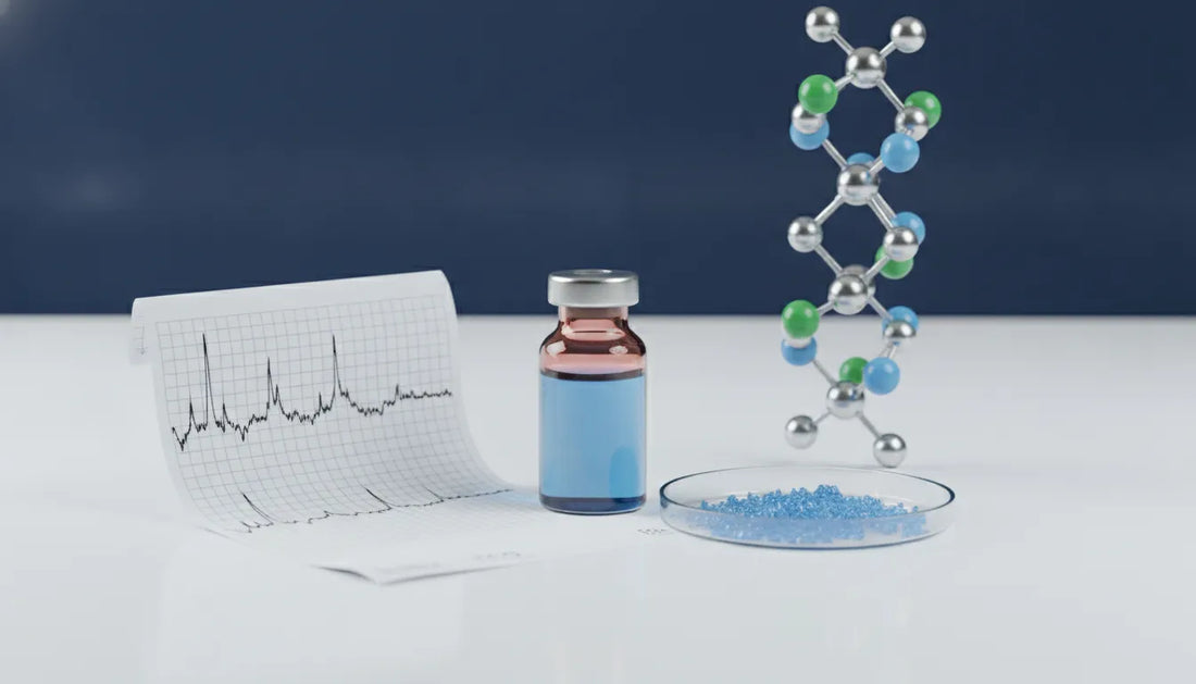 GHK-Cu research vial with HPLC chromatogram