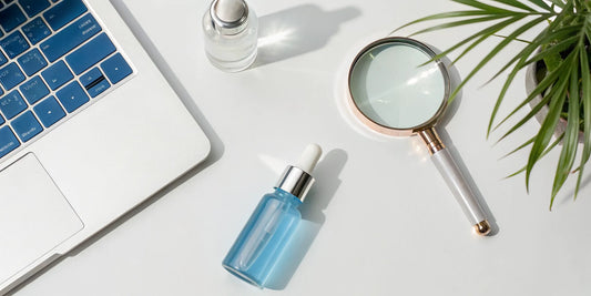 A bottle of GHK-Cu copper peptide with a magnifying glass and laptop for researching where to buy online.