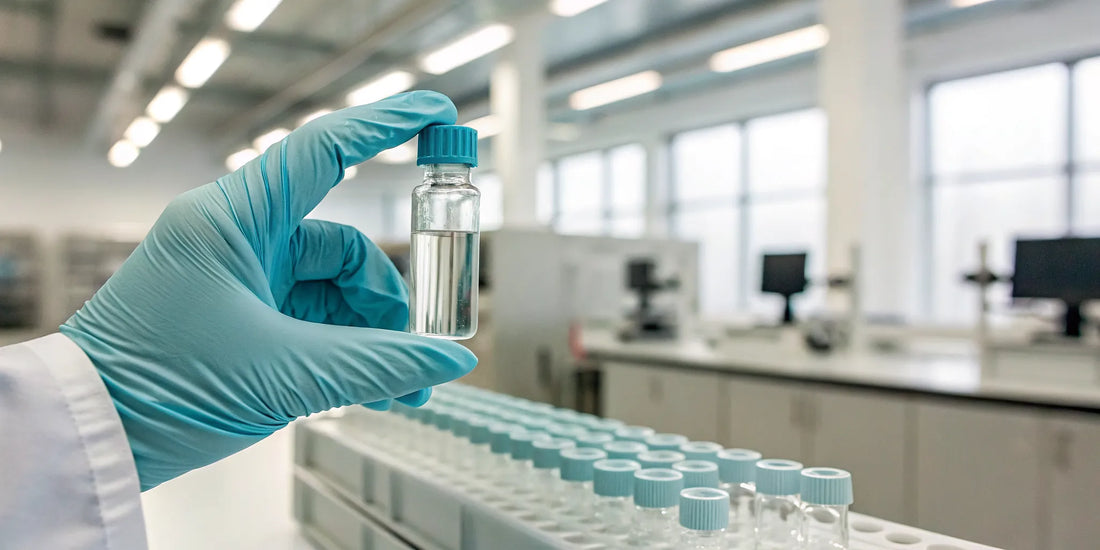 A gloved hand holding a vial of a high-purity research peptide from the best source.