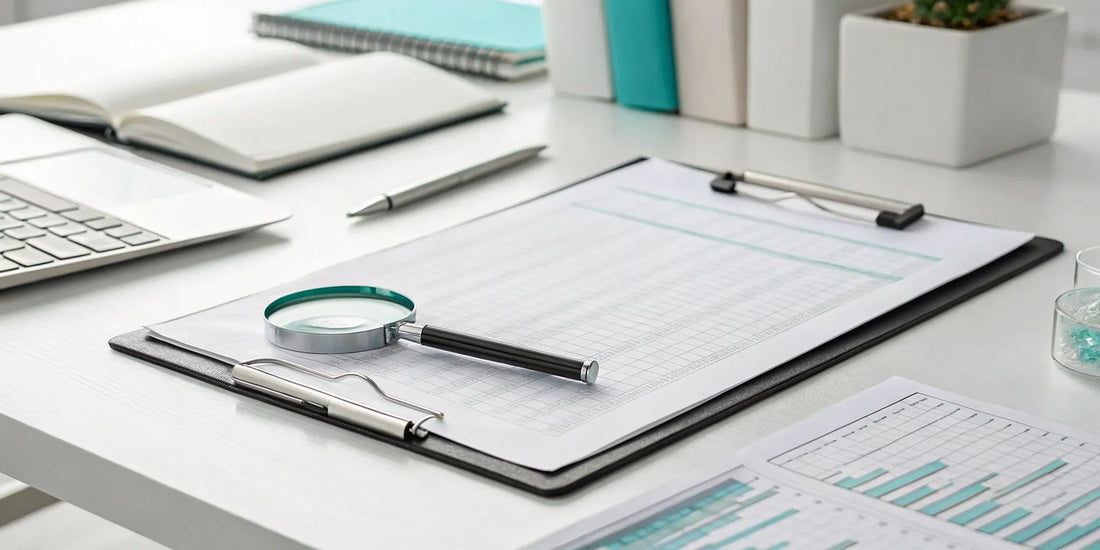 Examining a GHK-CU certificate of analysis with a magnifying glass.