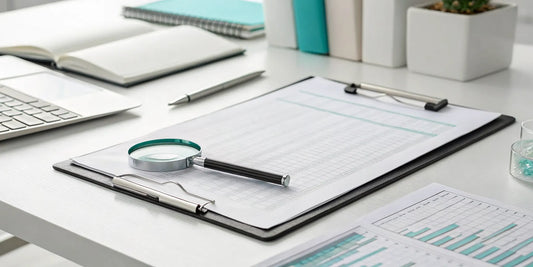 Examining a GHK-CU certificate of analysis with a magnifying glass.