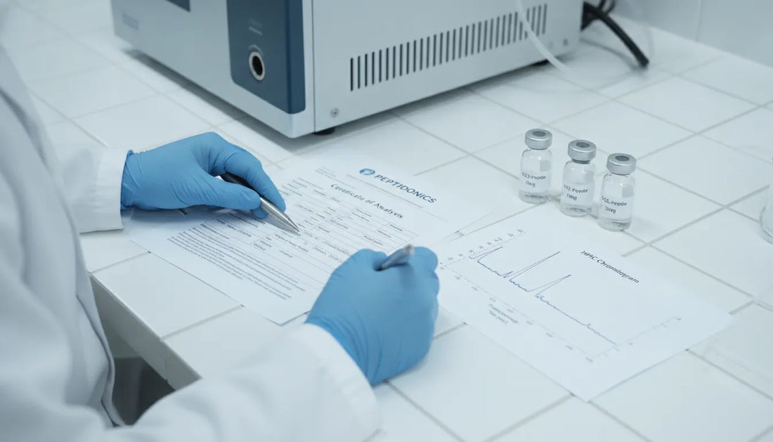 Laboratory researcher examining a Certificate of Analysis and HPLC chromatogram on a lab bench with peptide vials
