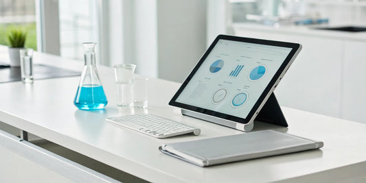GHK-Cu reconstitution calculator on a tablet, with lab equipment for accurate peptide dosing.