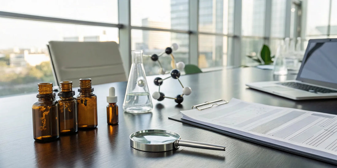 Researching the best SLU-PP-332 supplier online with product bottles and documents on a desk.