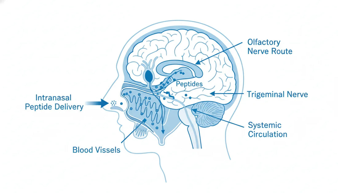 Intranasal peptide delivery pathway showing nasal cavity to olfactory nerve route for brain transport in laboratory research