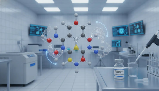 Scientific laboratory research setting with Melanotan 2 peptide molecular structure visualization for melanocortin receptor studies
