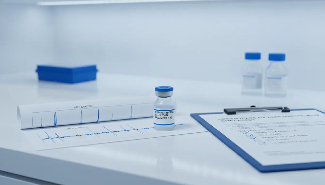 MOTS-c peptide research vial with chromatogram and COA checklist