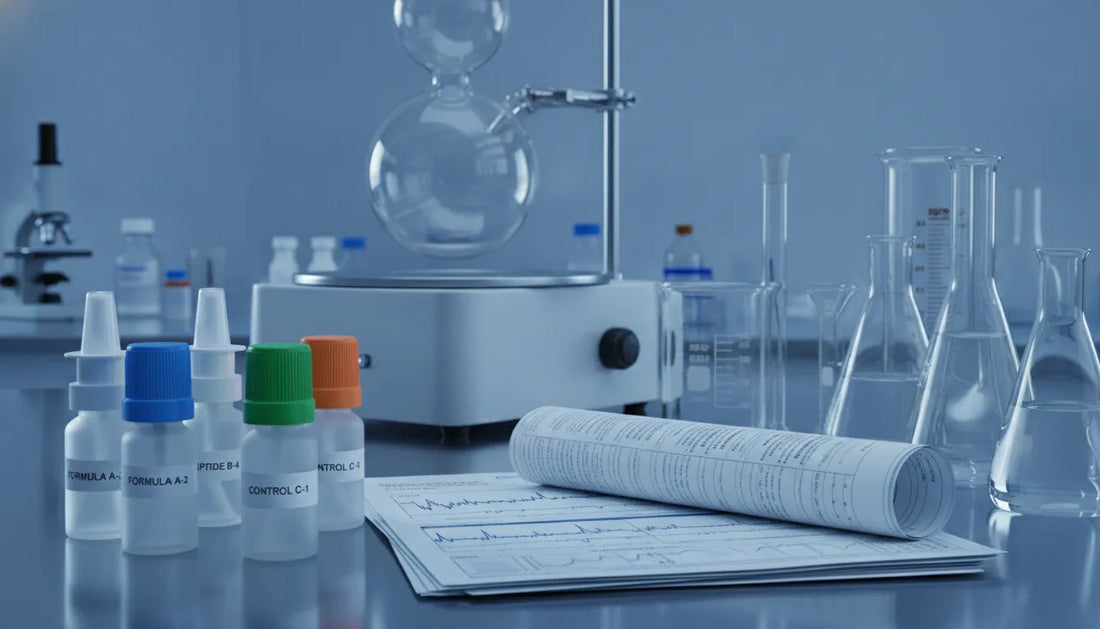 Nasal spray peptide research containers with laboratory documentation