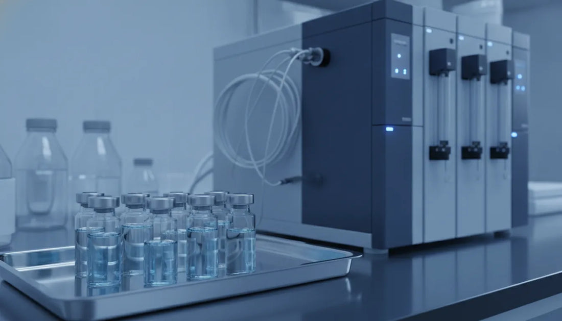 Peptide blend research vials beside laboratory instruments