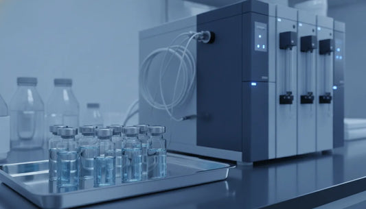 Peptide blend research vials beside laboratory instruments