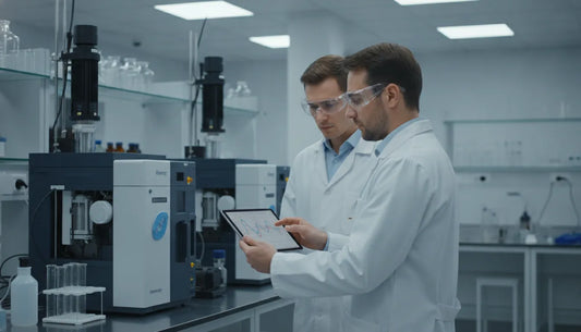 Two researchers in a biochemistry laboratory examining analytical data on a tablet near HPLC equipment