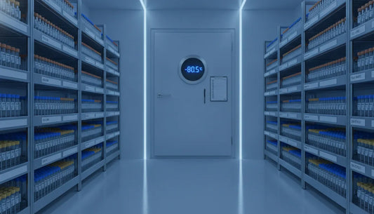 Labeled research peptide vials in monitored laboratory cold storage