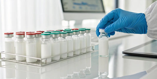 Gloved hand in a lab inspecting vials of peptides for sale, verifying research quality.