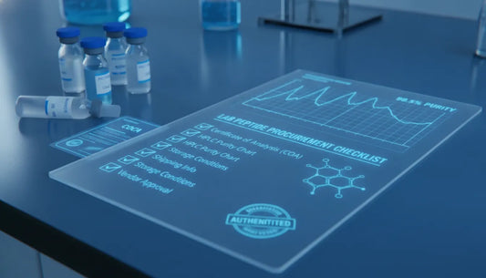 Research buyer reviewing peptides for sale documentation in a laboratory