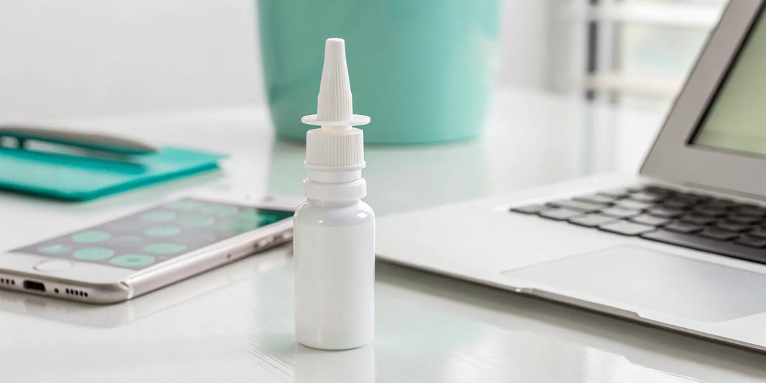 A bottle of PT-141 nasal spray for a guide on buying online safely.