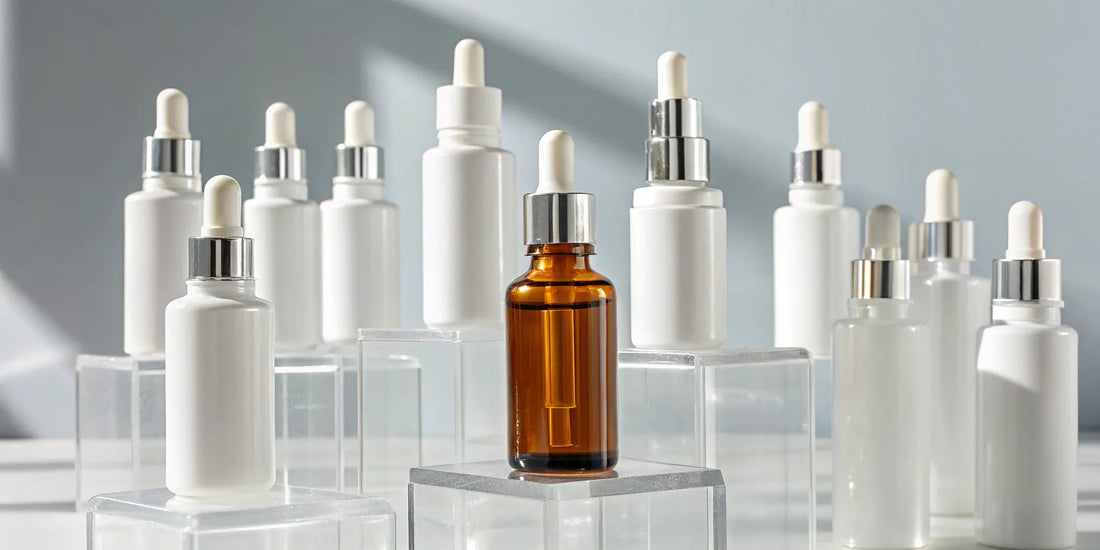 A selection of lab-grade research nasal sprays for sale in white and amber bottles.