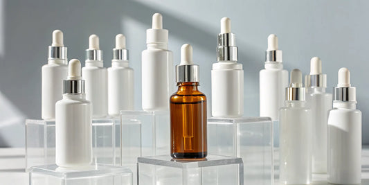 A selection of lab-grade research nasal sprays for sale in white and amber bottles.