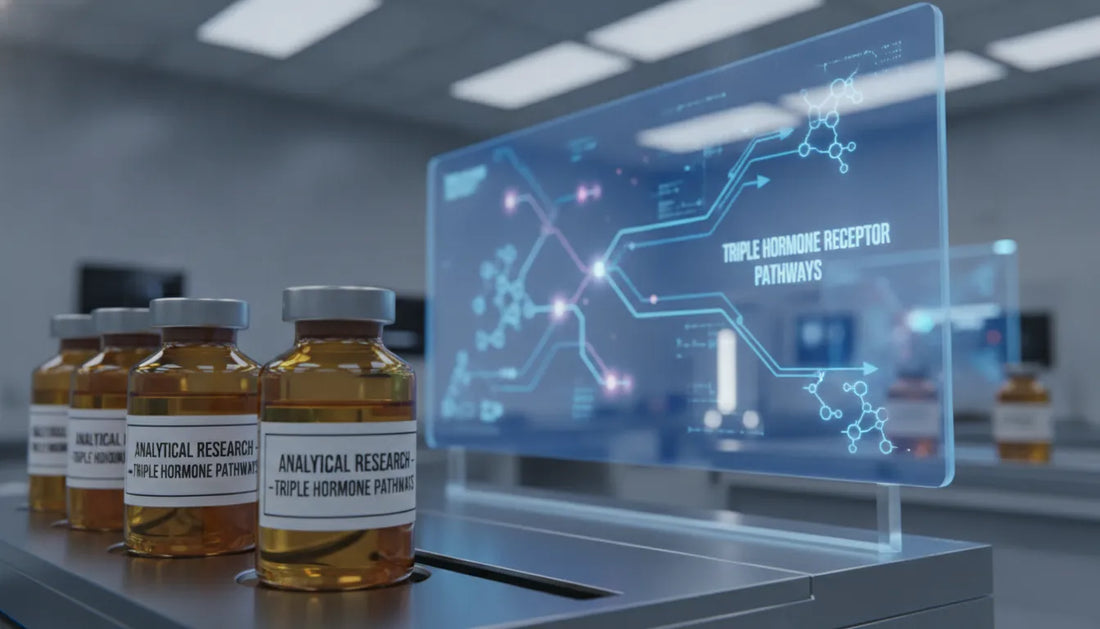 A high-tech scientific laboratory setting with vials for analytical research and a receptor graphic