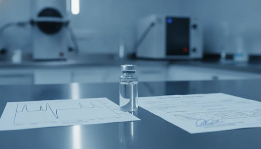 Selank peptide laboratory sample beside HPLC chromatogram and COA documentation