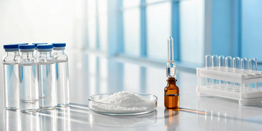 Vials of Semax peptide on a lab table for research into its effects.