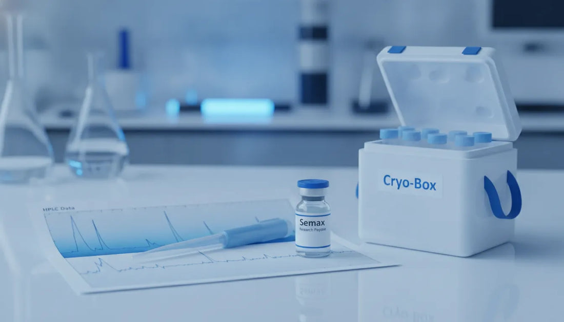 Semax peptide research vial with chromatogram and laboratory equipment
