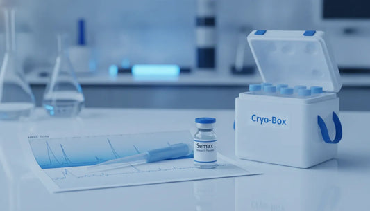Semax peptide research vial with chromatogram and laboratory equipment