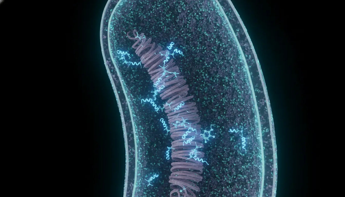 Microscopic rendering of mitochondria with SS-31 peptide molecule targeting inner mitochondrial membrane, scientific laboratory visualization
